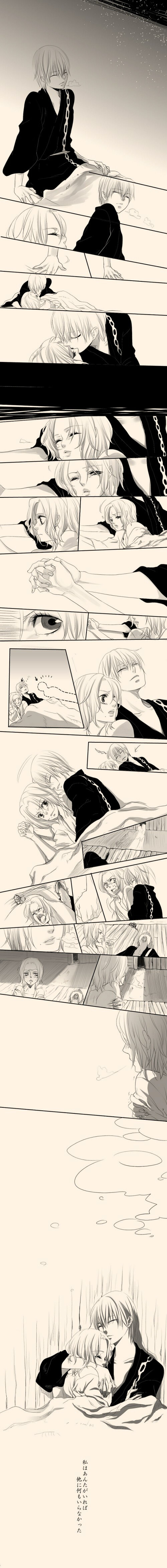 1girl, absurdres, blanket, bleach, blush, closed_eyes, comic, eyes_closed, hana_(interstice), highres, ichimaru_gin, japanese_clothes, long_image, matsumoto_rangiku, monochrome, short_hair, sleeping, tall_image, translated, young