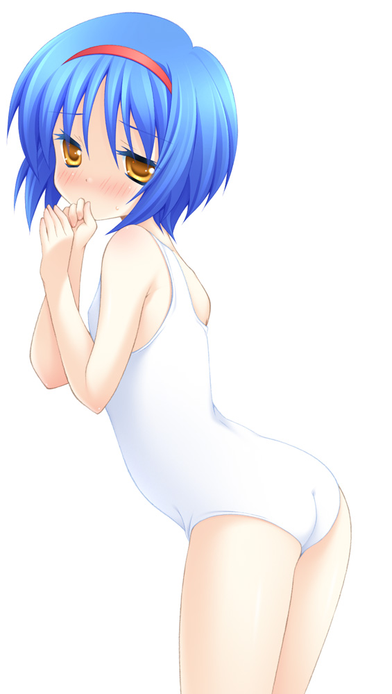 bad_id, blue_hair, blush, hairband, hisane, little_busters!!, nishizono_mio, school_swimsuit, short_hair, swimsuit, white_school_swimsuit, yellow_eyes