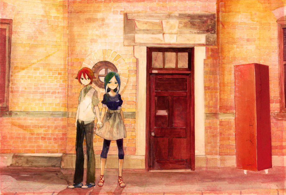 1girl, corogi, dress, hand_holding, holding_hands, inazuma_eleven, inazuma_eleven_(series), kiyama_hiroto