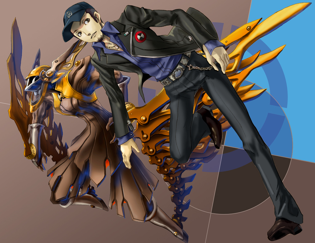 beard, belt, brown_eyes, facial_hair, hat, hermes_(megami_tensei), iori_junpei, jewelry