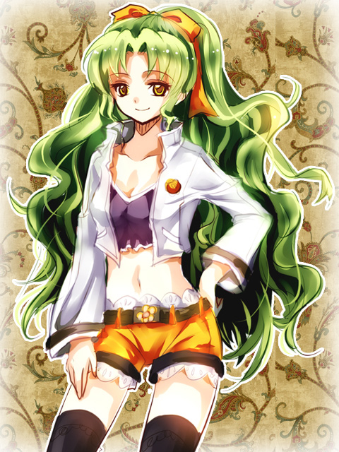 black_legwear, bow, brown_background, crop_top, eiyuu_densetsu, falcom, green_hair, hair_ribbon