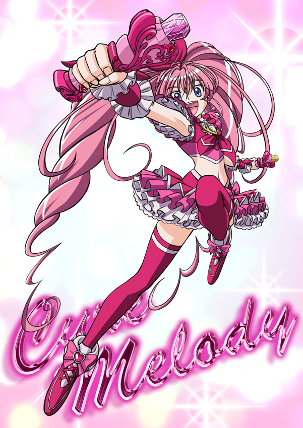 armpits, blue_eyes, character_name, cure_melody, dress, frills, happy, heart