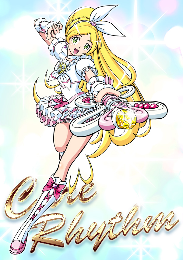blonde_hair, boots, braid, character_name, choker, cure_rhythm, dress, fantastic_belltier, frills, green_eyes, hairband, long_hair, magical_girl, minamino_kanade, precure, puffy_sleeves, smile, solo, suite_precure, toratora_(1972-08-30), wrist_cuffs