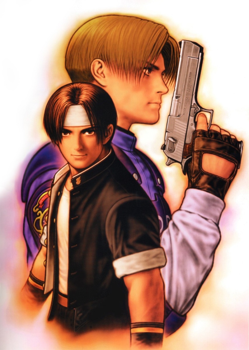 2boys, capcom, desert_eagle, fingerless_gloves, gloves, gun, handgun, king_of_fighters