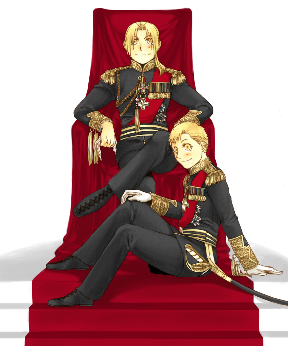 aiguillette, alphonse_elric, alternate_costume, belt, blonde_hair, brothers, edward_elric, epaulettes, fullmetal_alchemist, gloves, highres, medal, military, military_uniform, multiple_boys, pai_(1111), pants, sheath, sheathed, siblings, smile, sword, throne, uniform, weapon, white_gloves, yellow_eyes