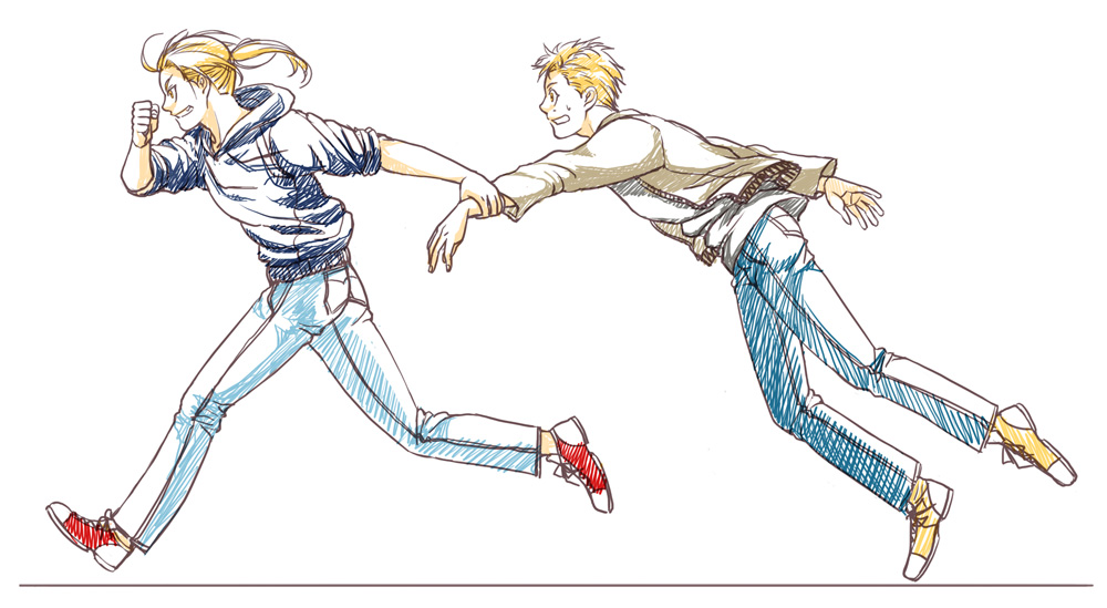 alphonse_elric, alternate_costume, arm_grab, blonde_hair, brothers, casual, dragging, edward_elric