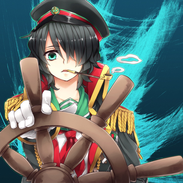 aqua_eyes, black_hair, hair_over_one_eye, hat, kiseru, lowres, murasa_minamitsu, pipe