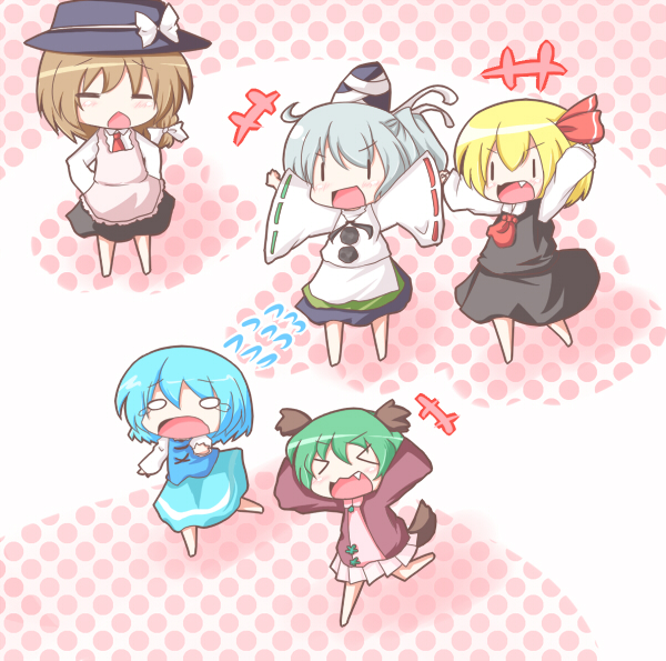 animal_ears, apron, arms_up, ascot, blonde_hair, blue_hair, bow, brown_hair