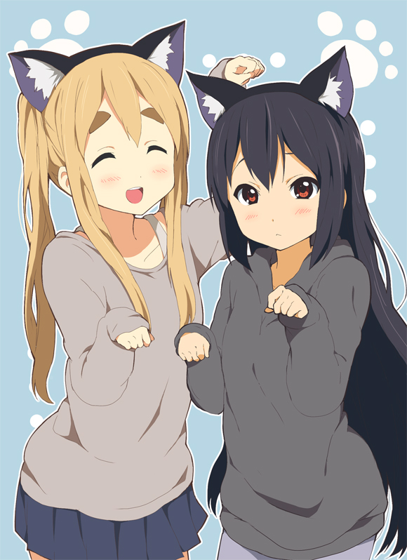 alternate_hairstyle, animal_ears, black_hair, blonde_hair, blue_background, blush, cat_ears, closed_eyes, eyebrows, eyes_closed, hair_down, hatasuke, hoodie, k-on!, kotobuki_tsumugi, long_hair, looking_at_viewer, multiple_girls, nakano_azusa, open_mouth, paw_pose, red_eyes, shirt, simple_background, skirt, smile, twintails