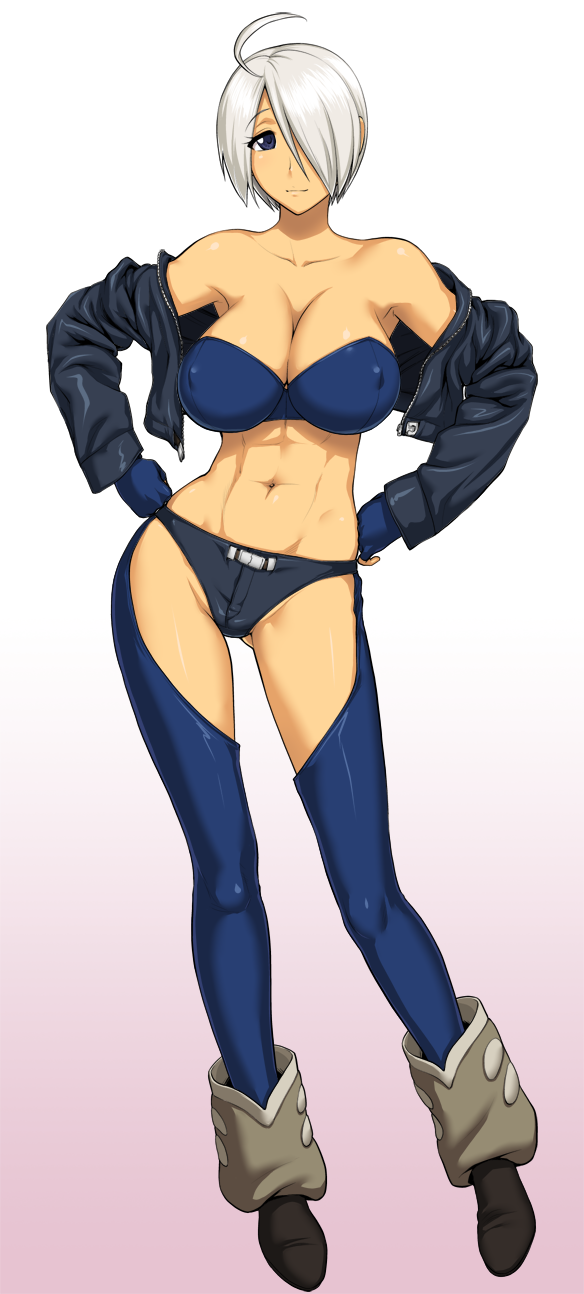 abs, ahoge, angel_(kof), bare_shoulders, breasts, bustier, cleavage, female