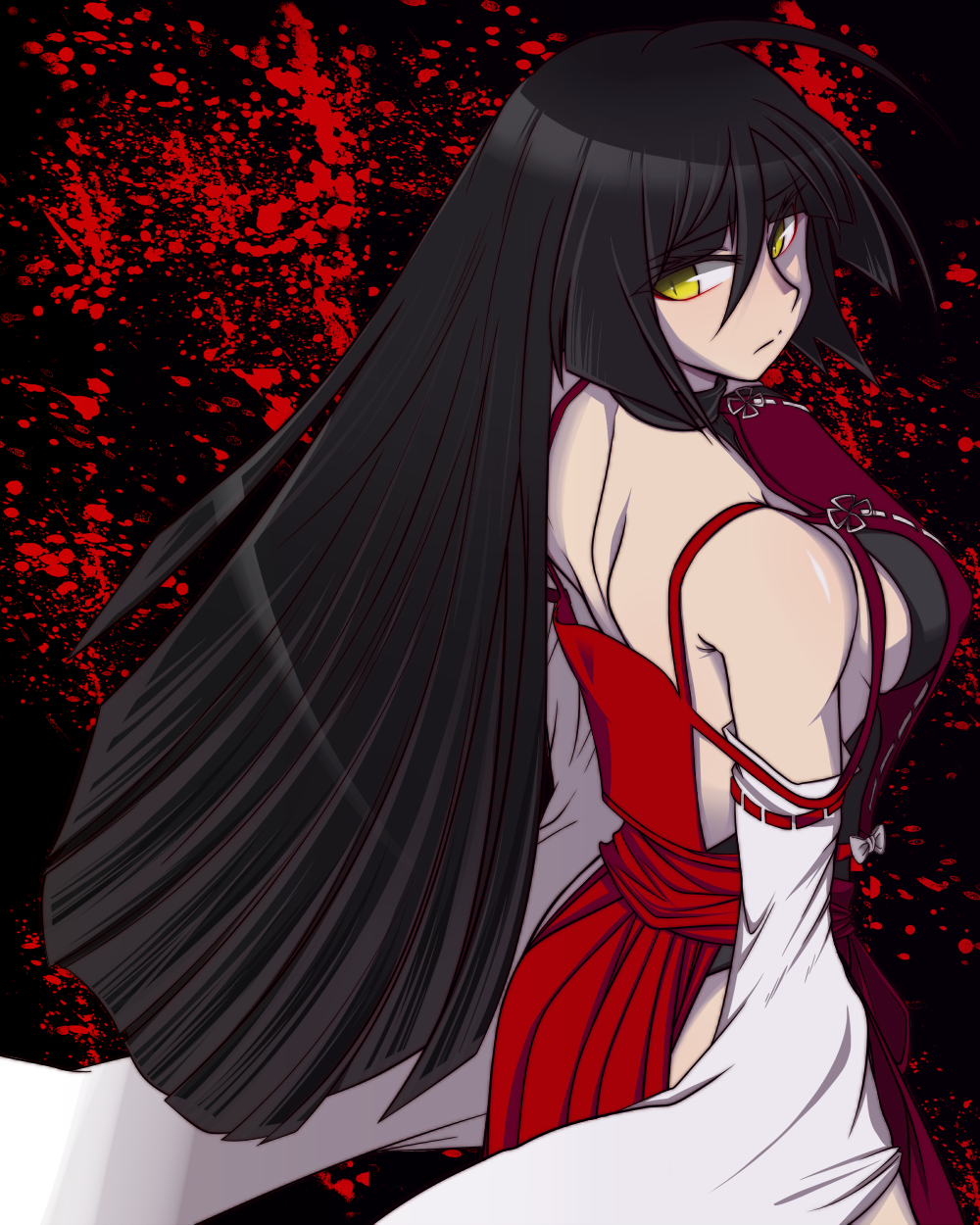 back, bad_id, bare_shoulders, black_hair, breasts, detached_sleeves, highres, hime_cut
