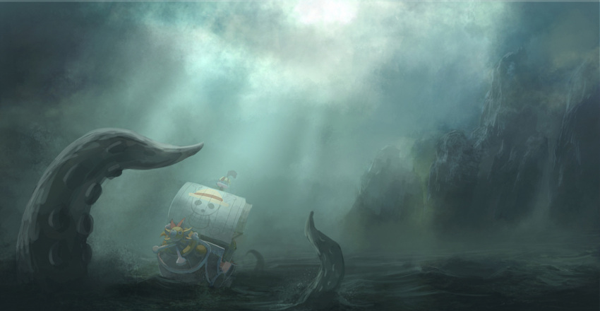 cliff, cloudy_sky, dark, jolly_roger, loin, no_humans, ocean, one_piece