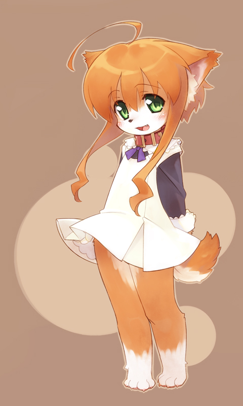 animal_ears, arms_behind_back, bad_id, barefoot, blush, claws, collar, dog_ears
