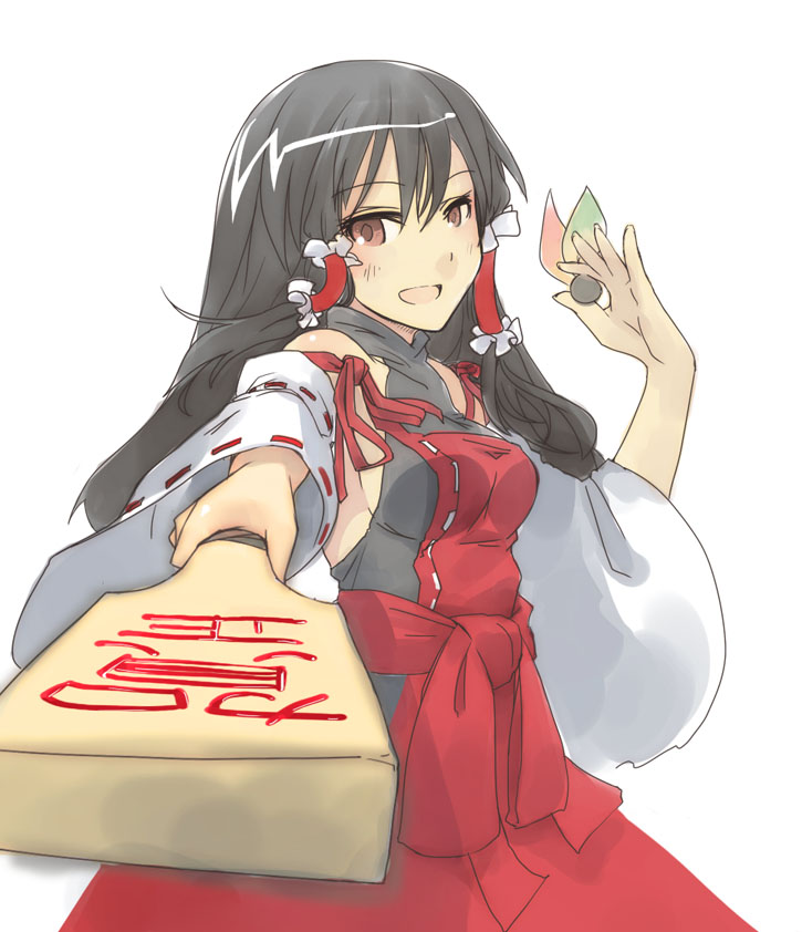 1girl, black_hair, blush, breasts, brown_eyes, detached_sleeves, foreshortening, hair_tubes