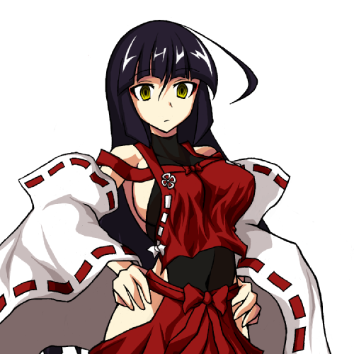 ahoge, bare_hips, bare_shoulders, black_hair, breasts, detached_sleeves, halterneck, hands_on_hips