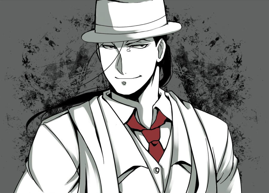 black_hair, face, fullmetal_alchemist, hat, kouya_(libera), long_hair, looking_at_viewer, male