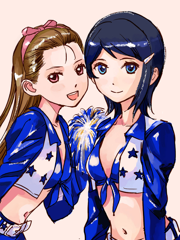 aida_yuu, belt, blue_eyes, blue_hair, bolero, brown_hair, cheerleader, crop_top