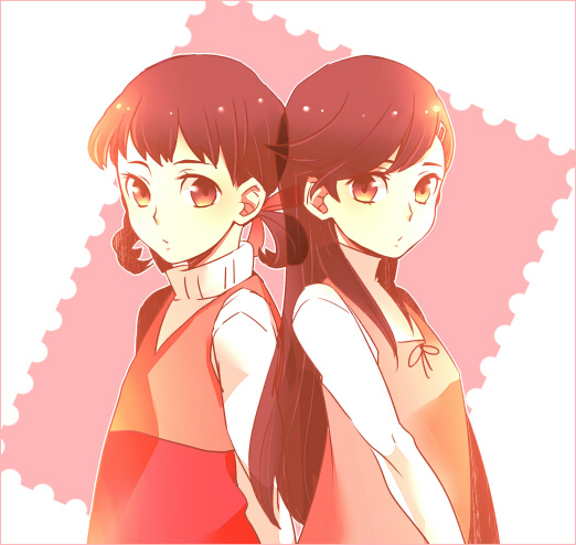 back-to-back, border, brown_eyes, brown_hair, doujima_nanako, dress, dual_persona, hair_ornament, hair_ribbon, hairclip, long_hair, multiple_girls, persona, persona_4, pink_dress, ribbon, shirt, short_hair, short_twintails, skllp, turtleneck, twintails