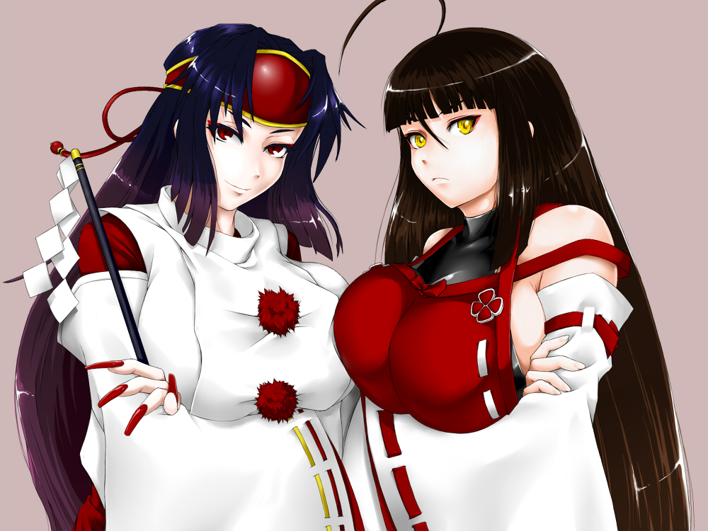 ahoge, bare_shoulders, black_hair, breast_hold, breast_press, breasts, crossed_arms, crossover