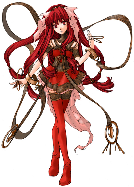 bracelet, jewelry, legs, long_hair, miya_daisuke, original, red_eyes, red_hair, red_legwear, red_thighhighs, redhead, ribbon, simple_background, solo, thigh-highs, thigh_boots, thighhighs
