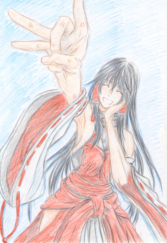 anger_vein, armpits, bare_shoulders, black_hair, closed_eyes, colored_pencil_(medium), dekopin, detached_sleeves