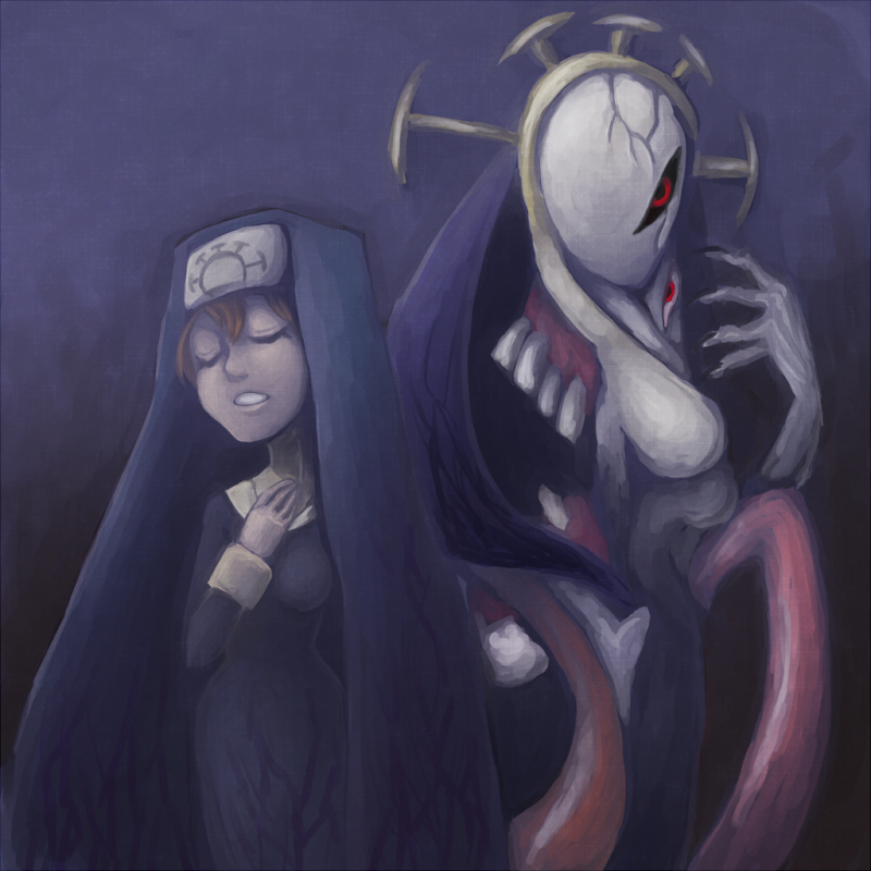 1girl, blonde_hair, breasts, cross, double_(skullgirls), dual_persona, eyes_closed, nun, open_mouth, skullgirls, smile, solo, zairusibetto