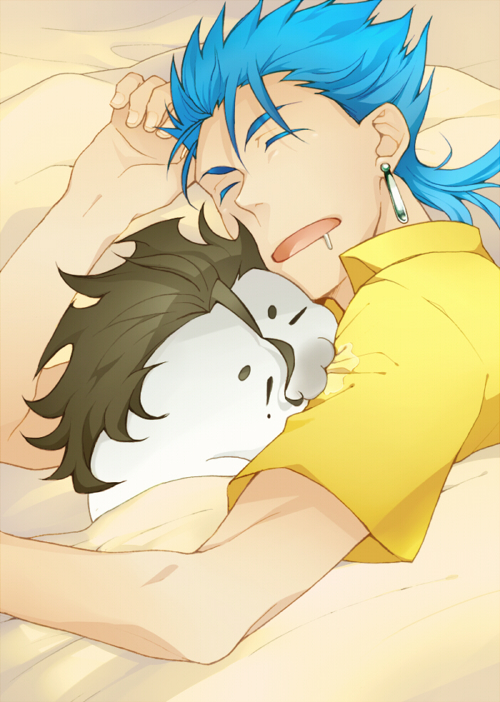 :3, ahoge, animal, animalization, bad_id, black_hair, blanket, blue_hair