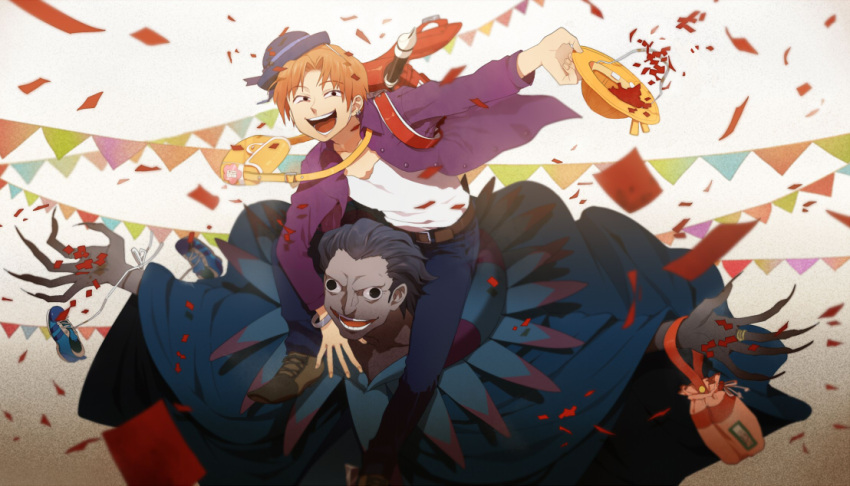 backpack, bag, black_eyes, carrying, caster_(fate/zero), claws, confetti, dotaku