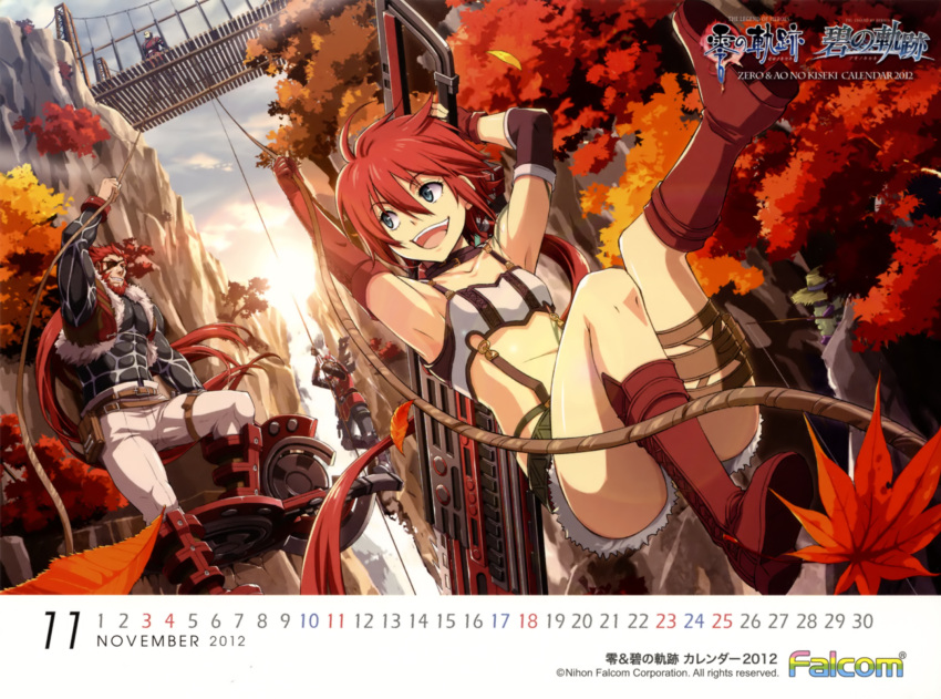 2012, 3boys, age_difference, ao_no_kiseki, bandeau, boots, bridge, calendar, eiyuu_densetsu, enami_katsumi, eyepatch, falcom, father_and_daughter, gloves, green_eyes, gun, highres, leaf, logo, long_hair, multiple_boys, november, official_art, pants, red_hair, redhead, rope, shirley_orlando, shorts, sigmund_orlando, single_elbow_glove, single_glove, smile, title_drop, weapon