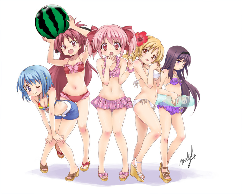 5girls, akemi_homura, armpits, arms_up, belt, bent_over, bikini, bikini_skirt, black_hair, blonde_hair, blue_eyes, blue_hair, bow, breasts, cleavage, collarbone, covering_mouth, drill_hair, fang, flower, food, frilled_bikini, frills, front-tie_top, fruit, hair_bow, hair_flower, hair_ornament, hairband, hairclip, halterneck, hibiscus, innertube, kaname_madoka, leaning_forward, long_hair, mahou_shoujo_madoka_magica, malino_(dream_maker), miki_sayaka, multicolored_bikini, multiple_girls, navel, open_mouth, pink_bikini, pink_eyes, pink_hair, polka_dot, polka_dot_bikini, polka_dot_swimsuit, ponytail, purple_bikini, purple_eyes, red_bikini, red_eyes, red_hair, redhead, sakura_kyouko, sandals, scrunchie, short_hair, short_twintails, shorts, side-tie_bikini, simple_background, standing, string_bikini, striped, striped_bikini, striped_swimsuit, swimsuit, tomoe_mami, twin_drills, twintails, violet_eyes, watermelon, white_background, white_bikini, wink, yellow_eyes