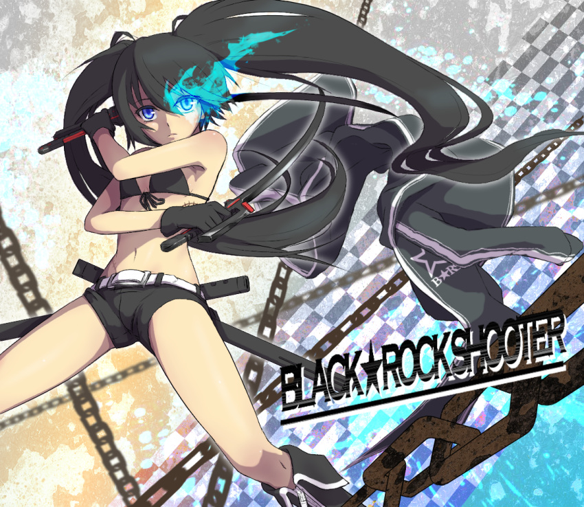 bikini_top, black_hair, black_rock_shooter, black_rock_shooter_(character), blue_eyes, boots, chain, chains, dual_wielding, glowing, glowing_eyes, long_hair, looking_at_viewer, midriff, navel, scar, short_shorts, shorts, solo, sword, takuroo, twintails, weapon