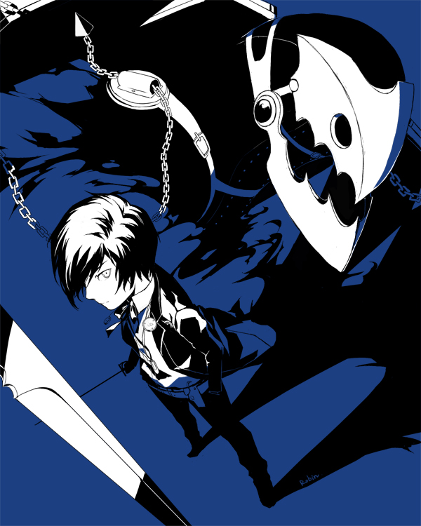 arisato_minato, artist_name, blue, digital_media_player, earphones, earphones_around_neck, hands_in_pockets, headphones, headphones_around_neck, holster, jacket, looking_at_viewer, male, monochrome, neck_ribbon, persona, persona_3, perspective, ribbon, robinexile, school_uniform, signature, solo, spot_color, standing, thanatos