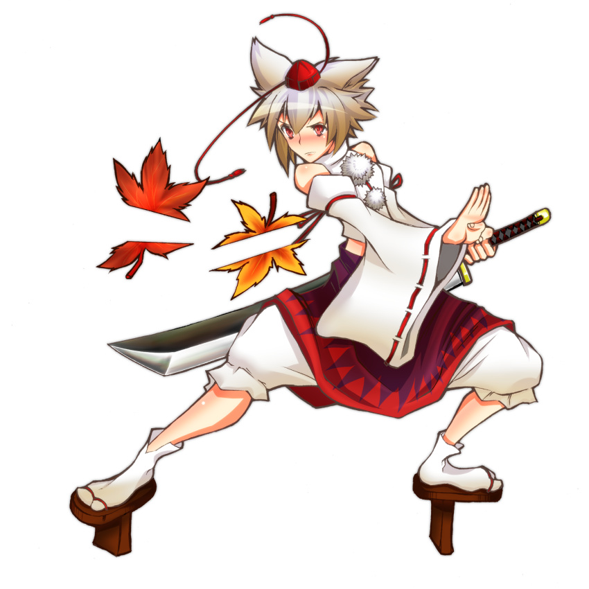 detached_sleeves, geta, hat, highres, inubashiri_momiji, leaf, leaves, maple_leaf