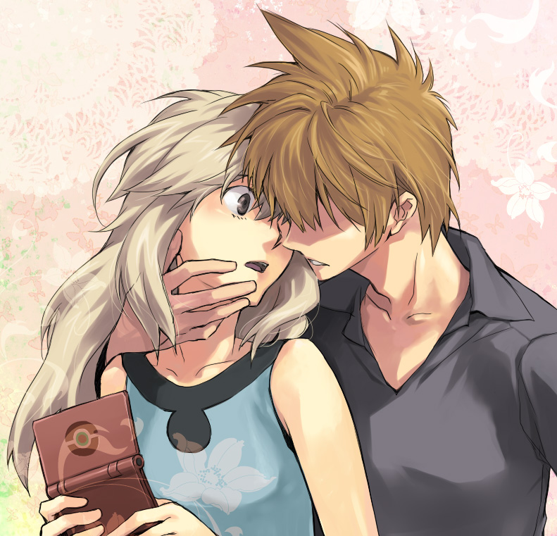 1girl, blue_(pokemon), brown_eyes, brown_hair, holding, incipient_kiss, leaf_(pokemon), long_hair