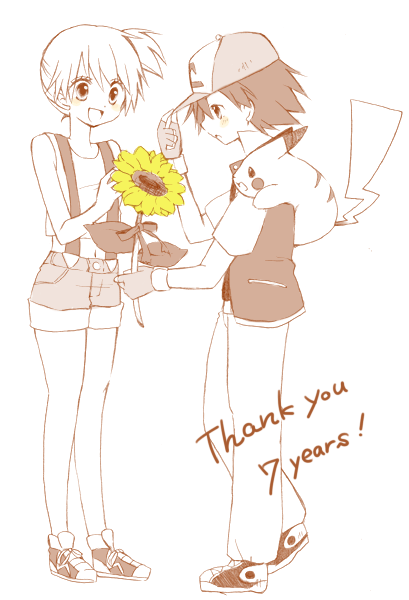 1boy, 1girl, adjusting_hat, blush, bouquet, child, eizyu_tokiwa, fingerless_gloves, flower, gloves, hat, jacket, kasumi_(pokemon), monochrome, open_mouth, pikachu, pokemon, pokemon_(anime), pokemon_(creature), ribbon, satoshi_(pokemon), shoes, short_hair, shorts, side_ponytail, smile, sneakers, sunflower, suspenders