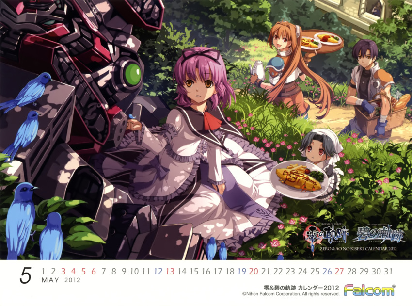 2012, 2100x1560, 2girls, basket, bird, black_hair, bow, bread, brown_hair, calendar, coat, dress, eiyuu_densetsu, enami_katsumi, estelle_bright, falcom, flower, food, frills, hair_bow, hair_intakes, highres, joshua_astray, long_hair, may_(calendar), multiple_girls, official_art, pants, purple_hair, red_eyes, renne, short_hair, sora_no_kiseki, title_drop, tray, twintails, wallpaper, white_dress