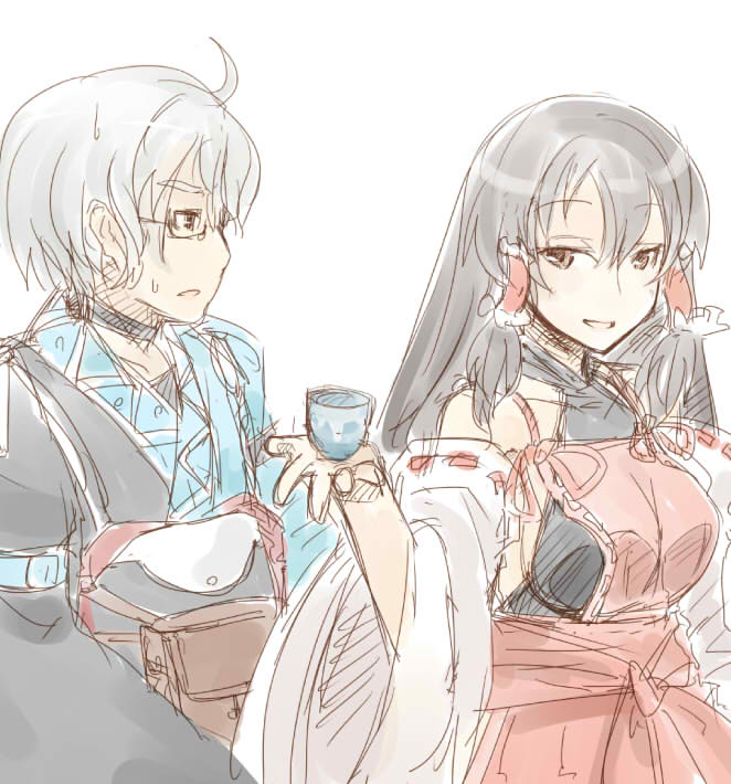 1boy, 1girl, ahoge, bag, black_hair, breasts, cup, detached_sleeves