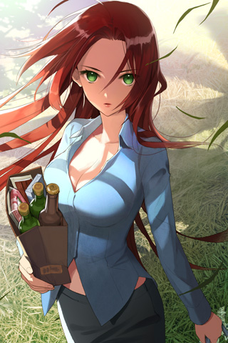 bag, bangs, bottle, collarbone, grass, green_eyes, holding, jaina_preventer, long_hair, lowres, midriff, paper_bag, parted_bangs, red_hair, redhead, salt_(salty), solo, sword_girls, wind
