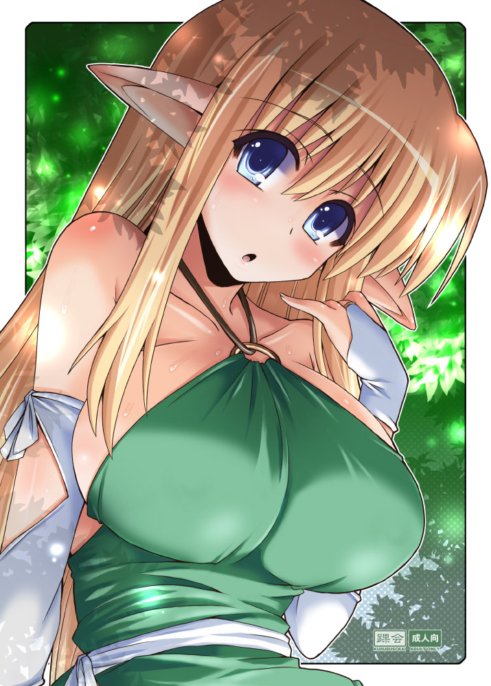 blue_eyes, breasts, bridal_gauntlets, elf, halterneck, large_breasts, long_hair, pointy_ears