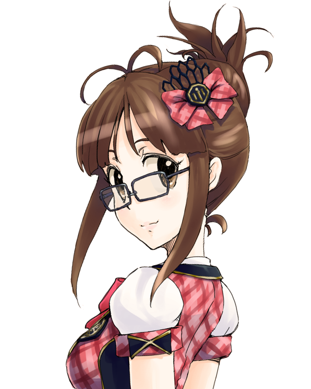 aidama_(td1143), akizuki_ritsuko, bow, brown_eyes, brown_hair, bust, glasses, hair_bow