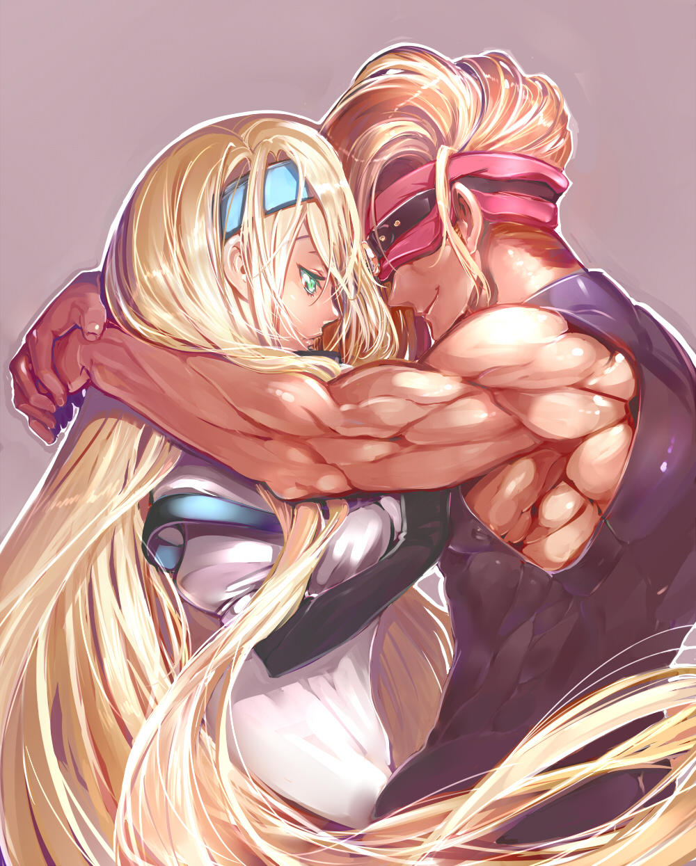 1girl, blindfold, blonde_hair, blue_eyes, couple, fujishima-01, guilty_gear, hairband, highres, long_hair, millia_rage, muscle, simple_background, very_long_hair, zato-1