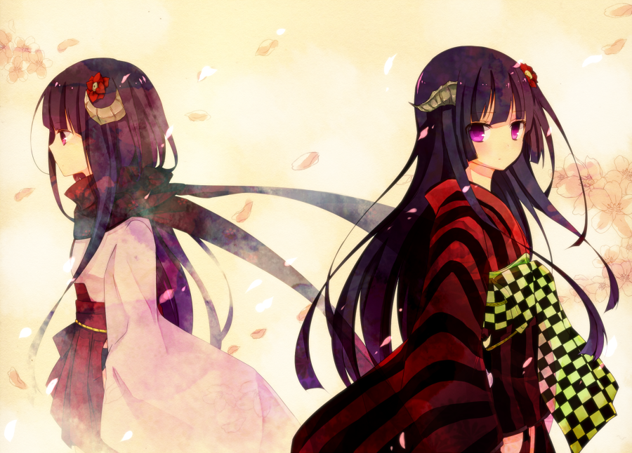 flower, hair_flower, hair_ornament, hakama_skirt, horns, inu_x_boku_ss, japanese_clothes, kimono, long_hair, miko, obi, petals, pink_eyes, purple_hair, scarf, shirakiin_ririchiyo, shirase, shirase_(azure)