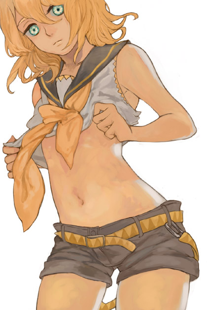 3838383, bare_shoulders, belt, blonde_hair, blue_eyes, collarbone, kagamine_rin, looking_at_viewer, midriff, navel, sailor_collar, shirt_lift, short_hair, short_shorts, shorts, simple_background, sleeveless, solo, vocaloid, white_background