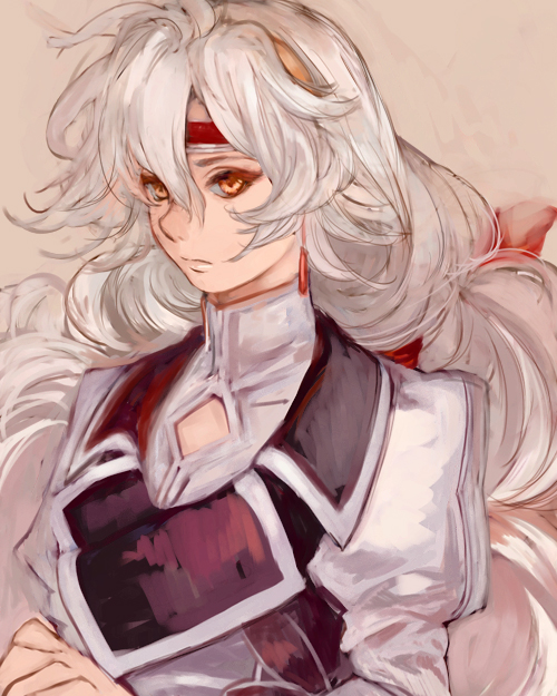 3838383, bow, bust, character_request, cleavage_cutout, coat, earrings, growlanser, hair_bow, hairband, headband, jewelry, julian_(growlanser), long_hair, looking_at_viewer, puffy_sleeves, silver_hair, solo, yellow_eyes