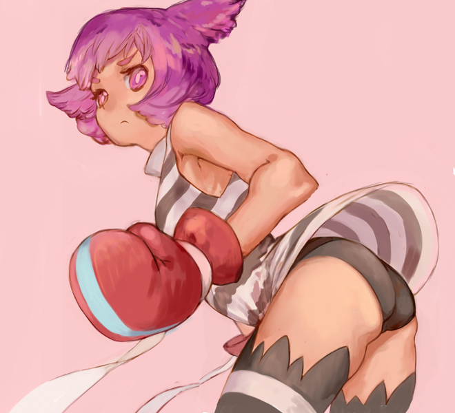 3838383, :<, ass, bare_shoulders, black_legwear, black_panties, bob_cut, boxing_gloves