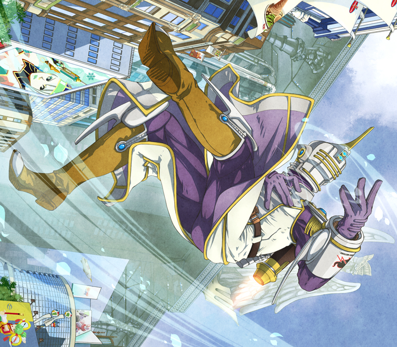 barnaby_brooks_jr, billboard, blue_rose_(tiger_&amp;_bunny), boots, dragon_kid, epaulettes, fire_emblem_(tiger_&amp;_bunny), flag
