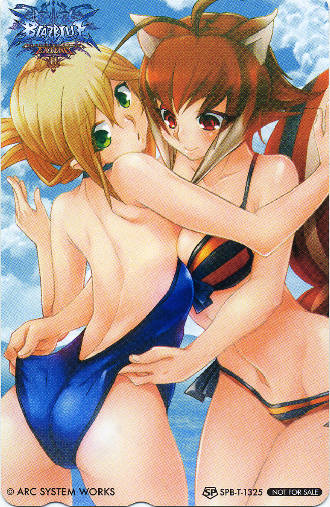 ahoge, animal_ears, arc_system_works, ass, back, bare_back, bikini, blazblue