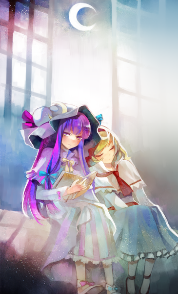 alice_margatroid, blonde_hair, book, bow, crescent, crescent_moon, hair_bow, hairband
