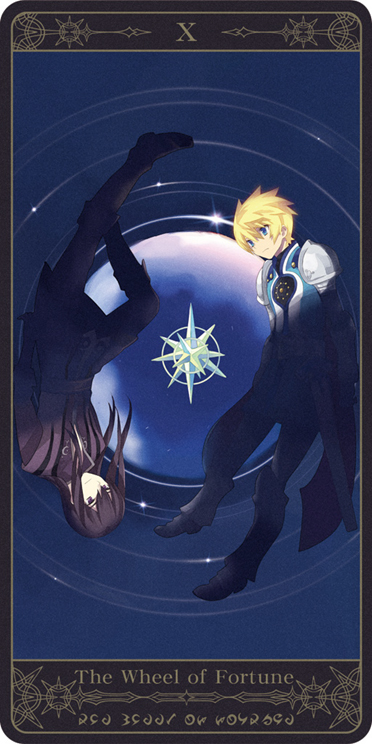black_eyes, black_hair, blonde_hair, blue_background, blue_eyes, boots, cape, circle