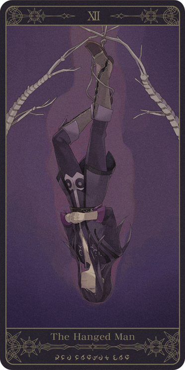 belt, black_hair, boots, closed_eyes, coat, eyes_closed, hands_clasped, long_hair, male, motoko_(ambiy), noose, pants, purple_background, rounded_corners, serious, solo, tales_of_(series), tales_of_vesperia, tarot, the_hanged_man, upside-down, yuri_lowell